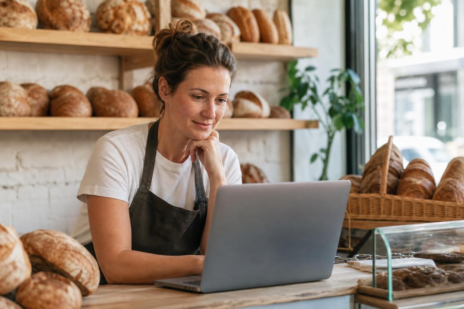 A local bakery owner replying to Facebook comments on a laptop mid-morning