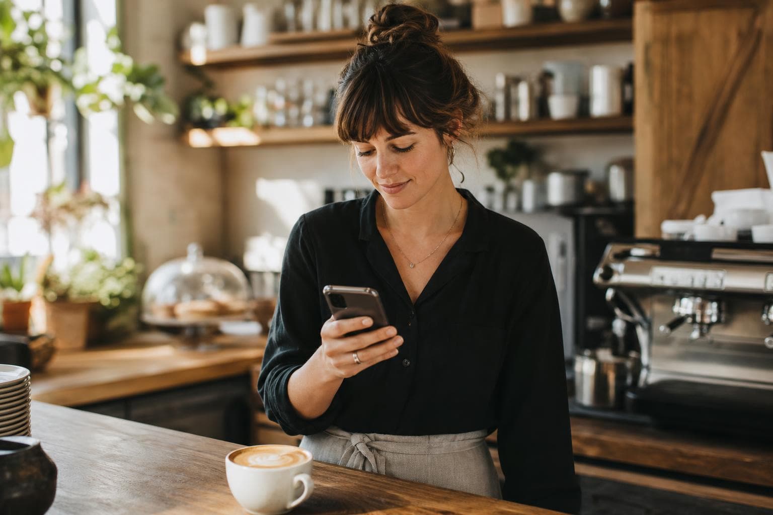 A small business owner scheduling an Instagram post over morning coffee
