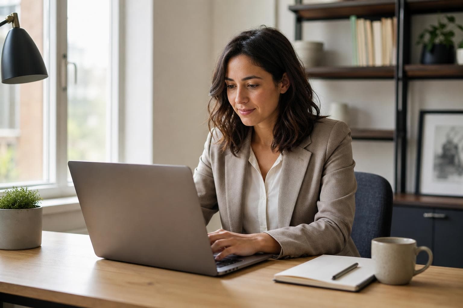 A consultant drafting a LinkedIn post at a desk at the start of the workday