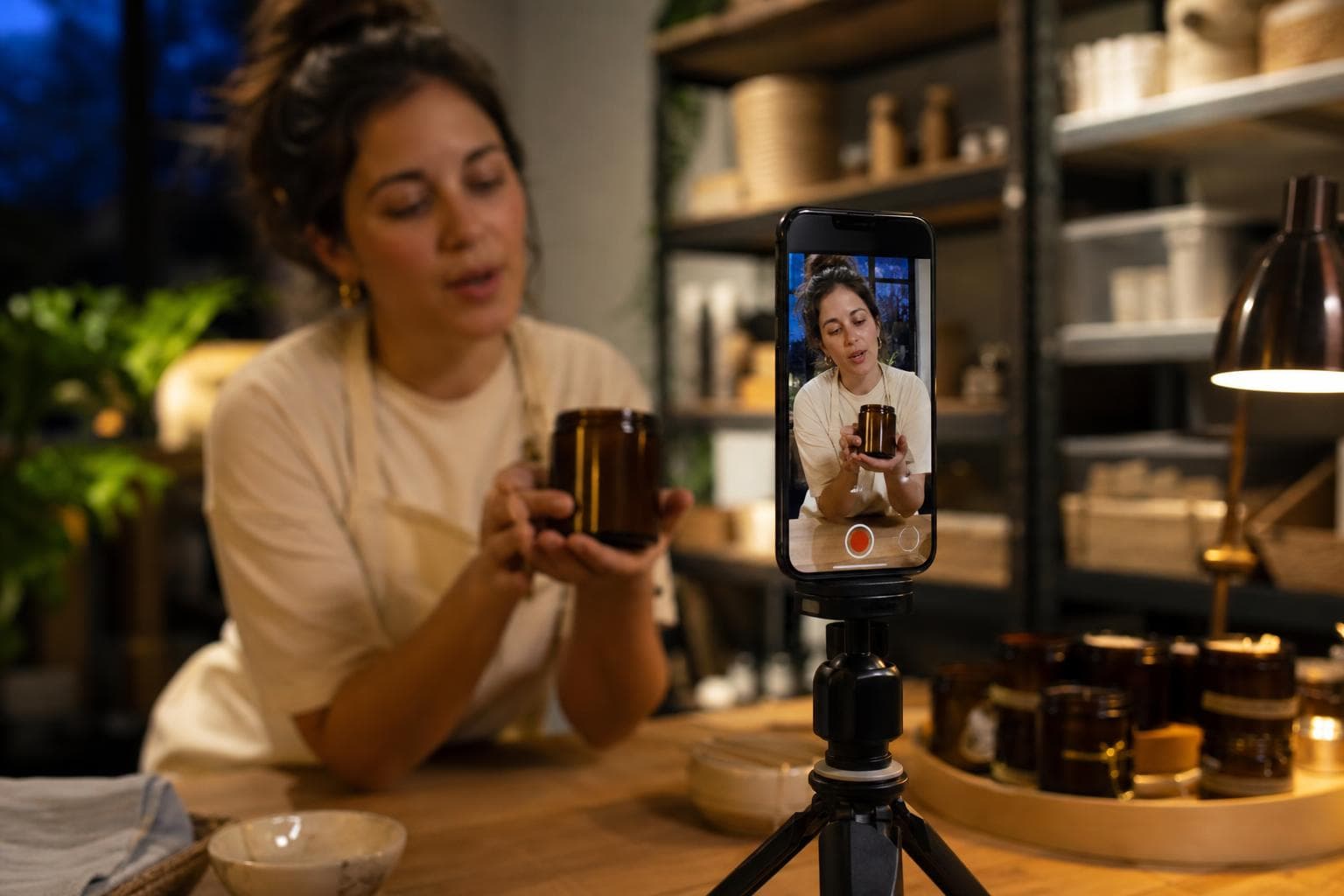Filming a vertical TikTok video on a phone tripod in a small shop after hours