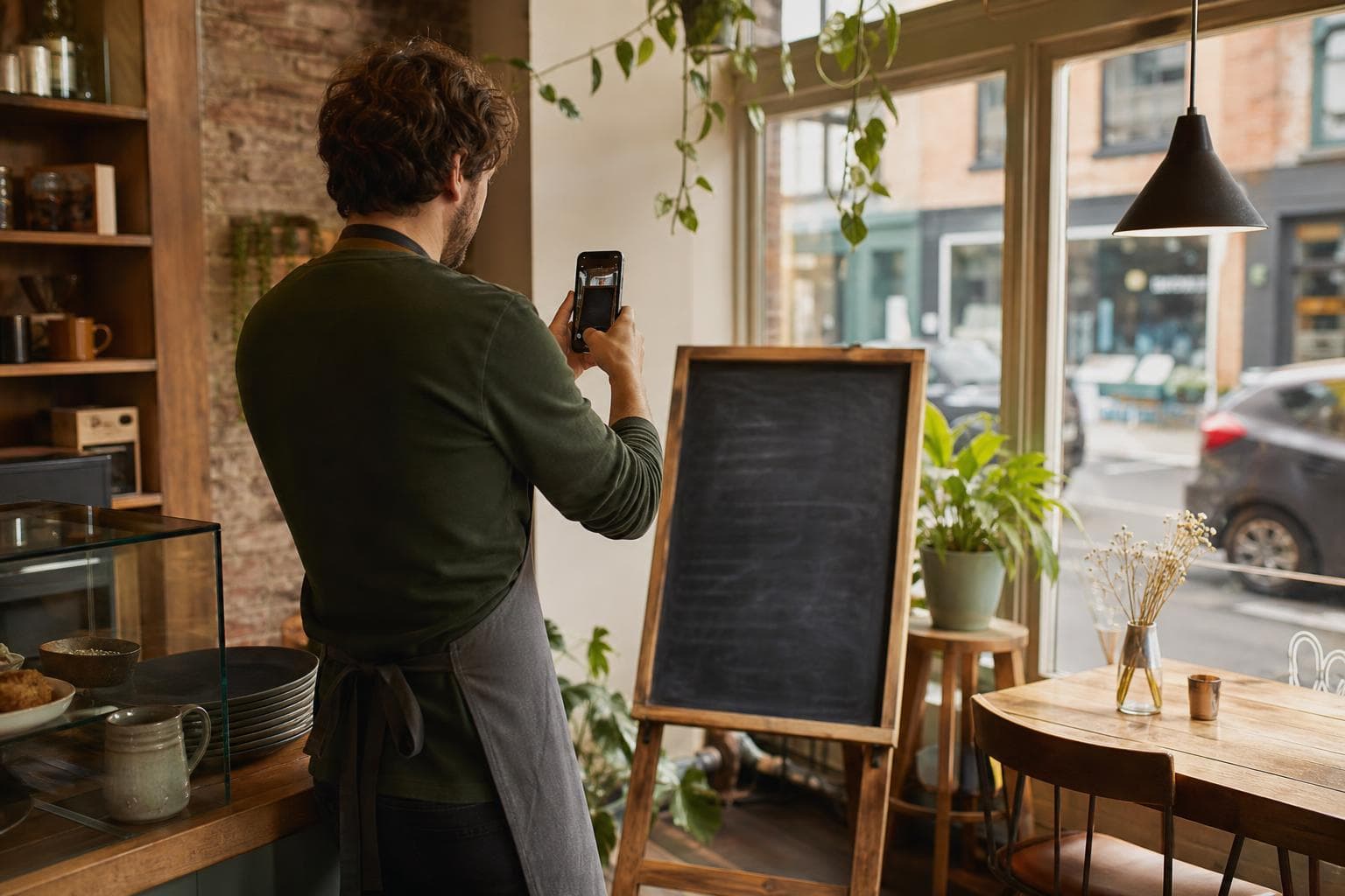 A shop owner photographing a hand-written specials board to post on Facebook
