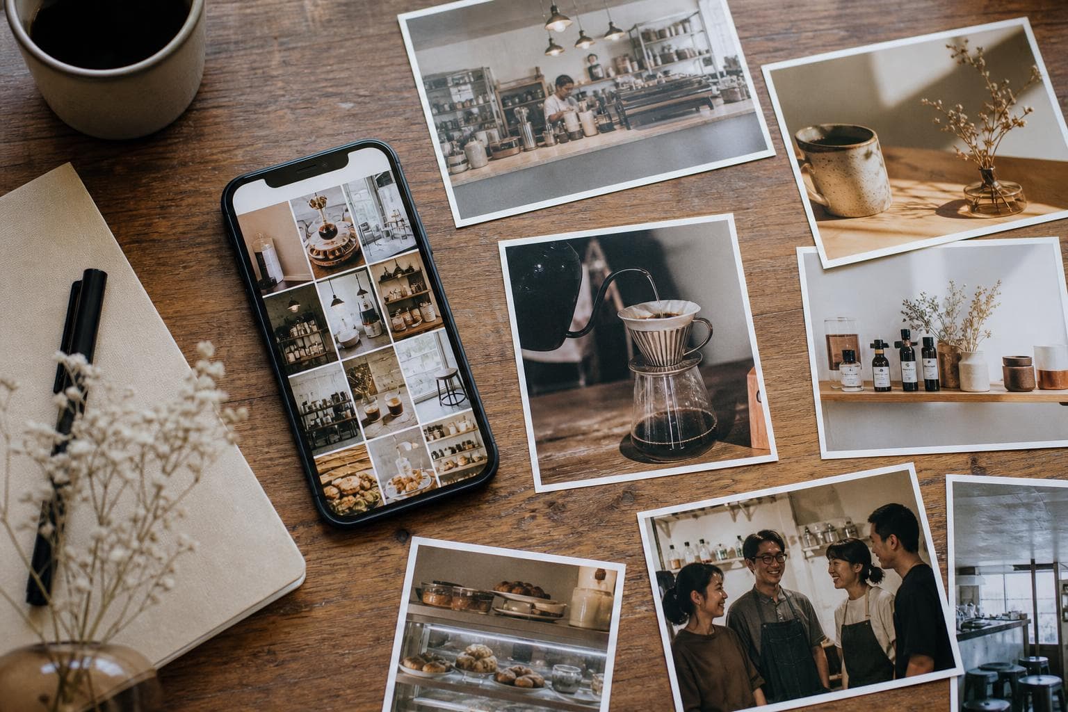 A flat-lay of phone photos a small business could turn into Instagram posts