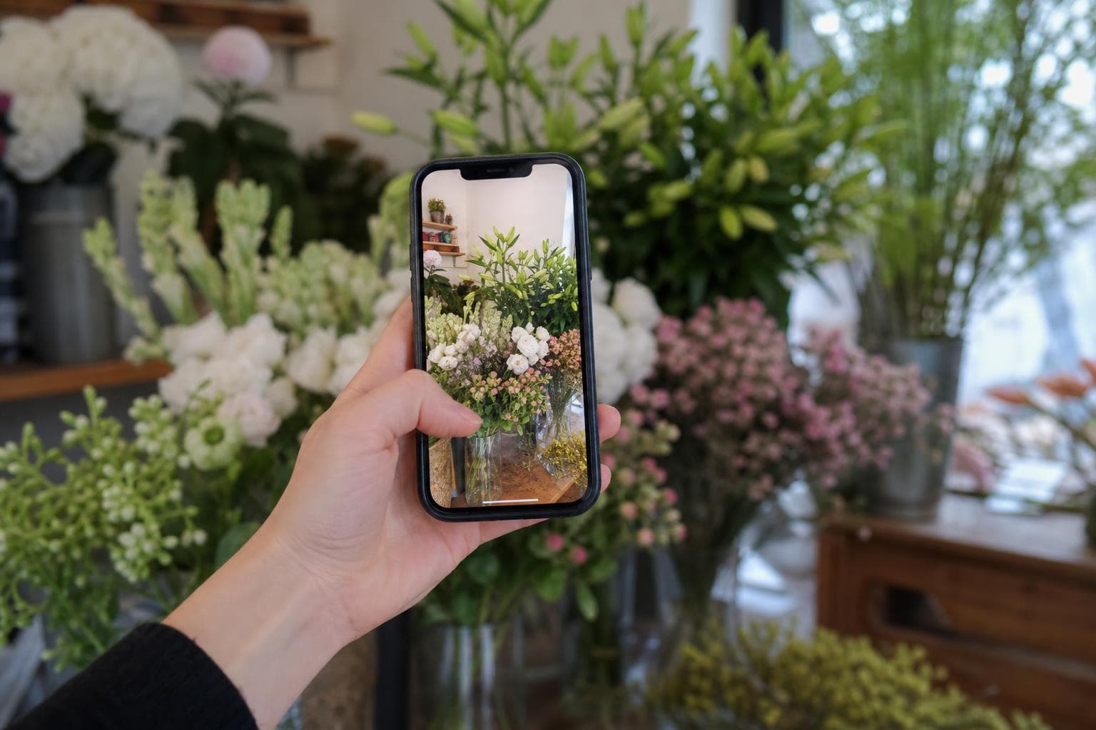 A shop owner filming a quick vertical Story on their phone during the workday