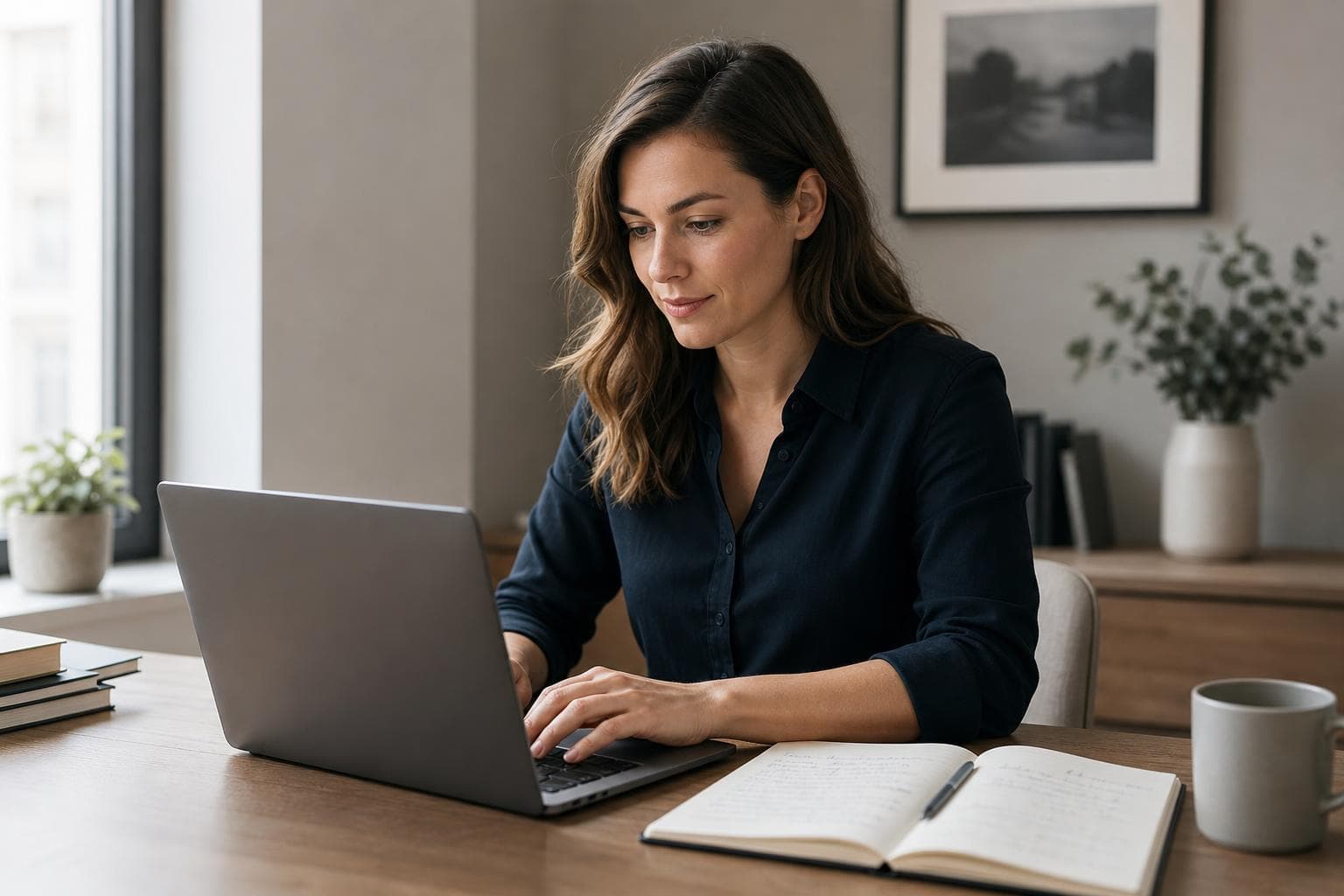 A consultant drafting a LinkedIn post from handwritten notes at a tidy desk