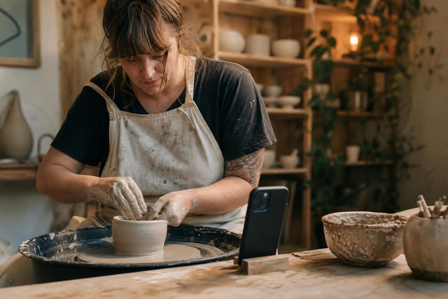 A small business owner filming a vertical process video on a phone in their workshop