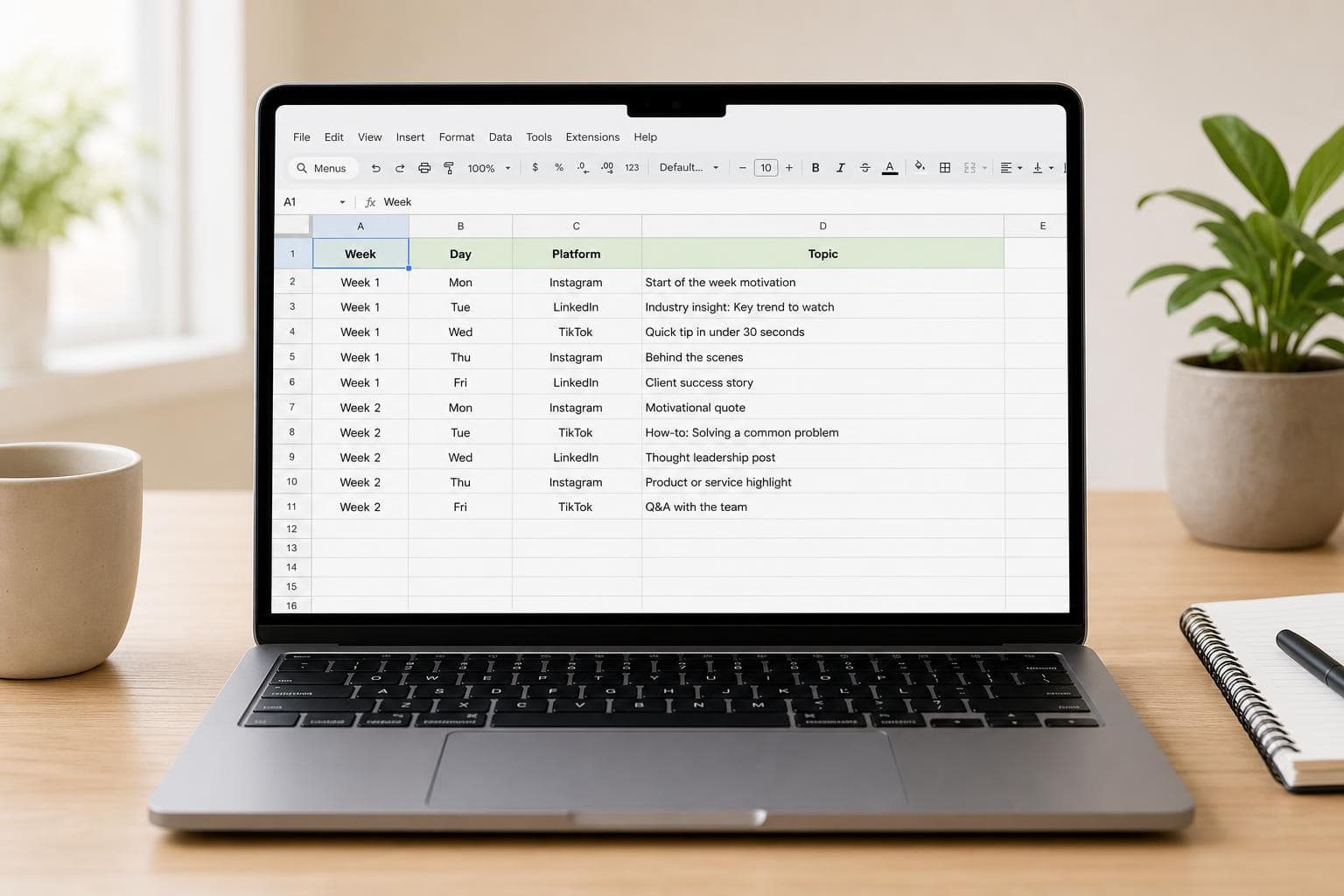 The 4-week content calendar template open in a spreadsheet